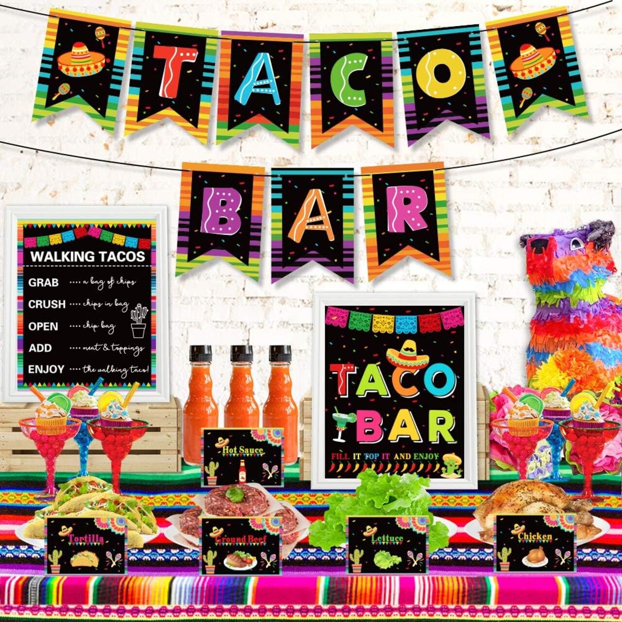 Taco Bar Decoration Kit – Mexican Fiesta Party Banner, Food Tent Cards & Table Signs Set for Cinco de Mayo, Wedding, Birthday, Bridal Shower & Fiesta Party Supplies